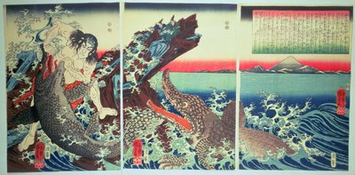Asahina Saburo and the crocodiles, pub. 1849 by Utagawa Kuniyoshi